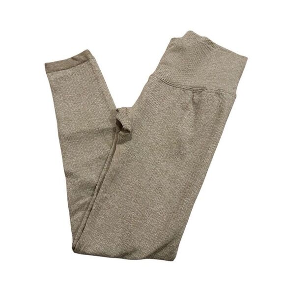 Beige Tan Ribbed Athletic Leggings Athleisure - Picture 3 of 9